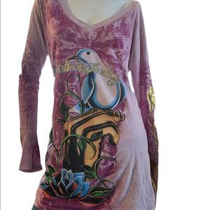 Christian Audigier Dove V-Neck Long Sleeve T-Shirt/Mini Dress
